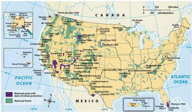 <strong>According to Map 21.1: National Parks and Forests,which of the following was the most recently established national park or forest? </strong> A) Guadalupe Mountains B) Bryce Canyon C) Redwood National Park D) Yellowstone National Park