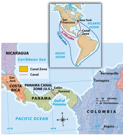 <strong>According to Map 21.2: The Panama Canal,1914,what was one benefit of the Panama Canal? </strong> A) The U.S.Navy could navigate through the middle of Costa Rica. B) The U.S.Navy could navigate more quickly from New York to the southern coast of Africa. C) The U.S.Navy had a shorter path from the Atlantic to the Pacific. D) The Caribbean Sea became accessible to the U.S.Navy for the first time.