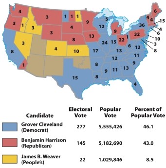 <strong>According to Map 20.1: The Election of 1892,which of the following was true of the election of 1892? </strong> A) A majority of the public voted for the People's Party candidate. B) Most of the southern states voted for the Democratic candidate. C) Most of the southern states voted for the Republican candidate. D) Most states were evenly split between the Democratic and Republican candidates.