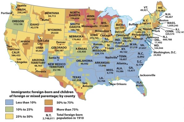 <strong>According to Map 19.2: The Impact of Immigration,to 1910,which region had the highest percentage of immigrants in ca.1910? </strong> A) West Coast B) East Coast C) South D) The border states