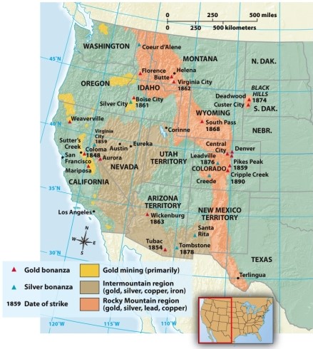 <strong>According to Map 17.2: Western Mining,1848-1890,in which state did the most gold bonanzas occur? </strong> A) California B) Arizona C) South Dakota D) Colorado