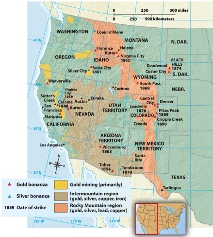 <strong>According to Map 17.2: Western Mining,1848-1890,in which state was lead available? </strong> A) California B) Nevada C) Wyoming D) Oregon