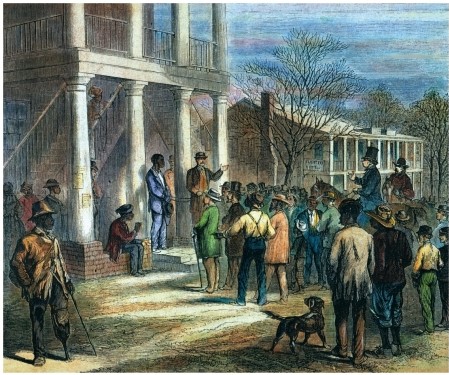 <strong>The 1868 drawing Selling a Freeman to Pay His Fine at Monticello,Florida,equated the newly instated black codes to what? </strong> A) Reenslavement B) The enfranchisement of women C) The establishment of a government dominated by blacks D) The rehabilitation of the southern economy