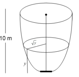 The horizontal cross sections at height of a tank are discs of radius . The height of the tank is 10 m. The tank is filled with water, and the water drains through a square hole with a side of 10 cm at the bottom of the tank. How long does it take for the tank to empty?