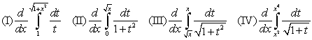 <strong>Match the function with the derivative: The correct matches are</strong> A) I-B, II-C, III-D, IV-A B) I-C, II-A, III-D, IV-B C) I-A, II-C, III-B, IV-D D) I-C, II-A, III-B, IV-D E) None of the above.