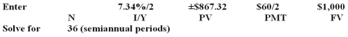 <strong>A $1,000 face value bond has a current market price of $867.32,a coupon rate of 6 percent,a yield to maturity of 7.34 percent,and semiannual interest payments.How many years is it until this bond matures?</strong> A)16 years B)18 years C)24 years D)30 years E)36 years