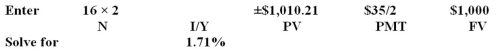<strong>A $1,000 face value Treasury bond matures in 16 years,pays interest semiannually,and has a market quote of 101.0210.The coupon rate is 3.5 percent,the current yield is ___ percent,and the yield to maturity is ____ percent.</strong> A)3.46;3.42 B)3.46;3.39 C)3.50;3.58 D)3.54;3.62 E)3.54;3.59