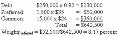 <strong> Electronics Galore has 950,000 shares of common stock outstanding at a market price of $38 a share.The company also has 40,000 bonds outstanding that are quoted at 106 percent of face value.What weight should be given to the debt when the firm computes its weighted average cost of capital?</strong> A) 42 percent B) 46 percent C) 50 percent D) 54 percent E) 58 percent