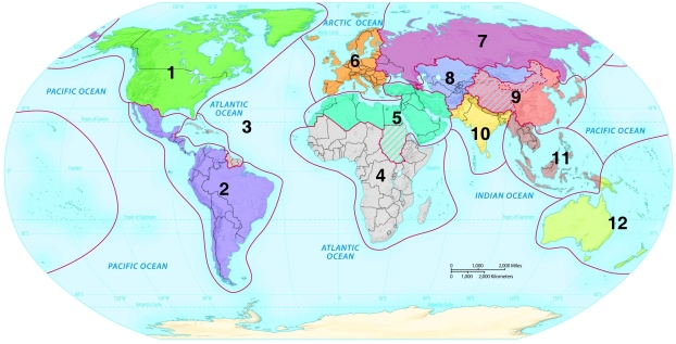 Map ID - World Regions -What is the name of the world region labeled on the map with the number 1 (one)?