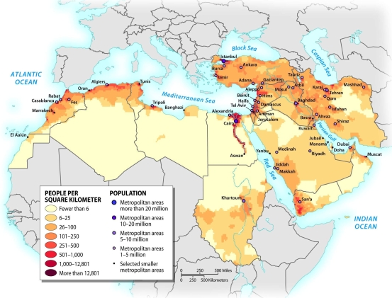 <strong>What is the dominant factor in the location of the population settlements in North Africa and Southwest Asia? </strong> A) water B) rugged terrain C) temperatures D) oil E) government policies