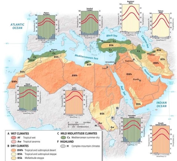 In what parts of Southwest Asia and North Africa would you expect the least rain to fall? The most? Why?