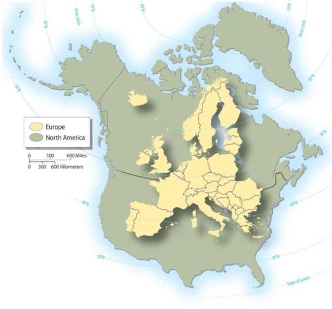 <strong>How does Europe compare in size (area)to the United States?  </strong> A) It is roughly two-thirds of the United States. B) It is about the size of the state of Texas. C) It is the same size as the United States. D) It is equal in size to the continental United States plus Alaska and Hawaii. E) It is the largest continent on the planet, far larger than the United States. <div style=padding-top: 35px> 