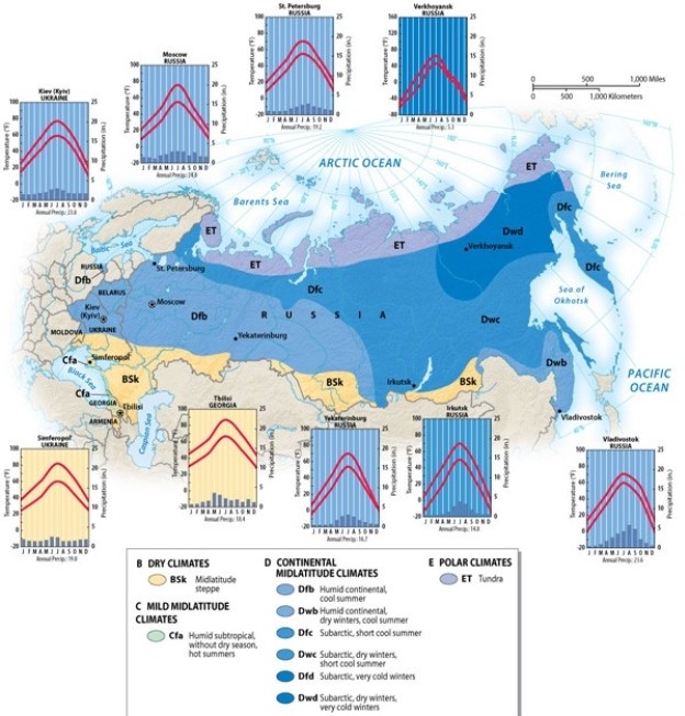 Which region of the Russian Domain is semi-arid?