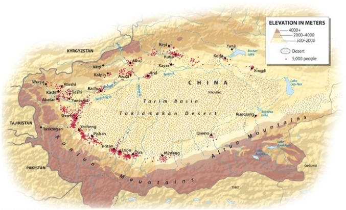 <strong>In the Tarim Basin, where do most of the people reside?  </strong> A) in the foothills of the mountains along the basin's edge B) near the basin's center C) high in the mountains surrounding the basin D) toward the eastern opening of the basin E) in an evenly distributed pattern, throughout the region <div style=padding-top: 35px> 