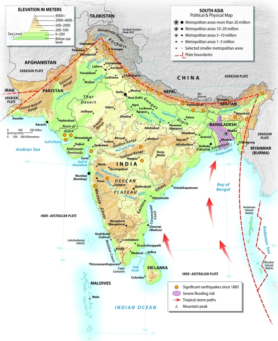 <strong>Where do the Himalayan Mountains lie, relative to the region of South Asia? </strong> A) east of South Asia B) north of South Asia C) west of South Asia D) south of South Asia E) in the center of South Asia