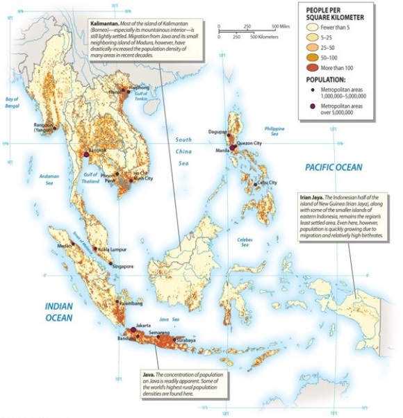 <strong>Where is the population of mainland Southeast Asia concentrated? </strong> A) in the mountains B) along the coasts C) along river deltas D) near the centers of their respective countries E) at the edges of forest regions