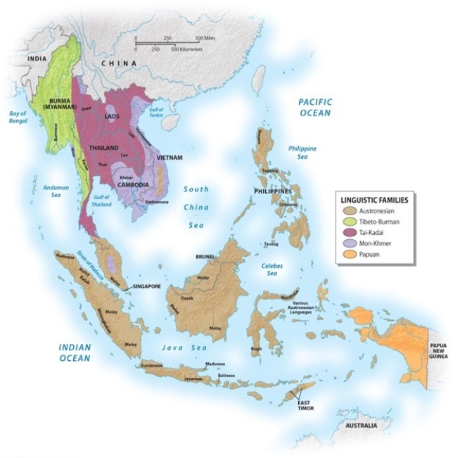 <strong>Which of the following phrases best describes the linguistic geography of Southeast Asia? </strong> A) There are five distinct languages, and each one can be placed in a different language group. B) There are several hundred distinct languages that can be placed into five major linguistic groups. C) There are five languages, and they are all in the same language group. D) Each island has its own unique language. E) Because there are so many languages in this region, ASEAN has required that everyone in the region learn English.
