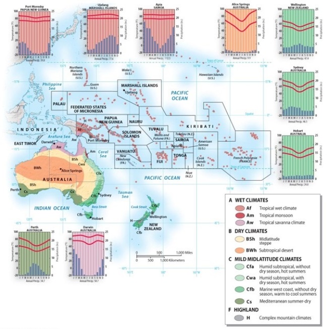 <strong>Which part of the Australia/Oceania region receives the LEAST amount of precipitation? </strong> A) the northeast coast of New Zealand B) the mid-slopes of the 13,000-foot-plus volcanoes of the island of Hawaii C) anywhere in Samoa D) the largest of the Marshall Islands E) the interior of Australia
