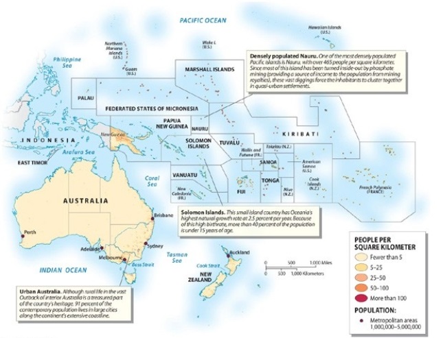 <strong>Which country of the Australia/Oceania region has the highest population density? </strong> A) Australia B) New Zealand C) Nauru D) Guam E) Tasmania
