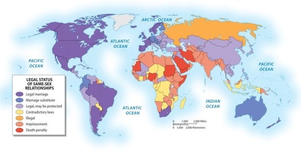 Using the graphic below, write an essay in which you discuss the spatial representation of gay rights.