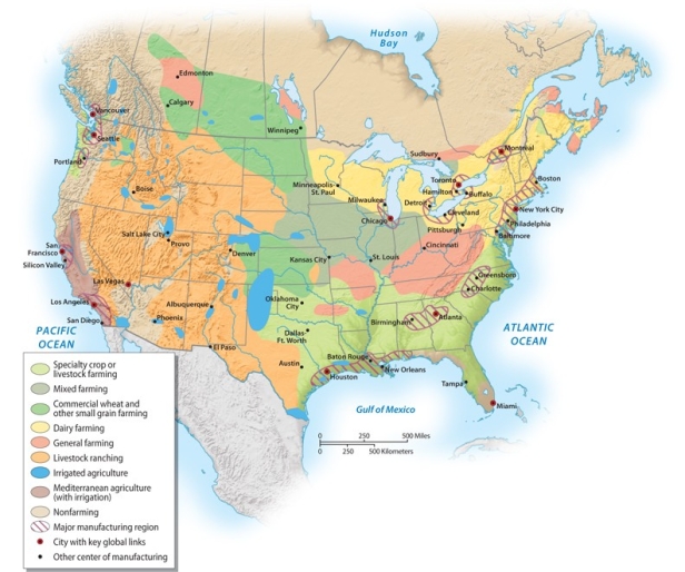 Using the graphic below, discuss the spatial settings of North American economic activities. Indicate why specific activities are located where they are in the United States and Canada.