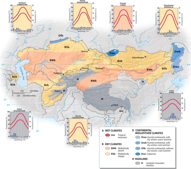 <strong>Referring to the graphic below, which of the following dry climates has the greatest amount of annual precipitation? </strong> A)Semey, Kazakhstan B)Ulaanbaatar, Mongolia C)Tasahkent, Uzbekistan D)Almaty, Kazakhstan E)Ürümqi, China