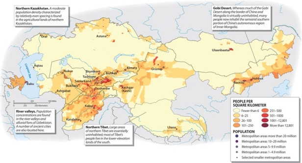 <strong>Using the graphic below, what is the population density for most of Central Asia? </strong> A)fewer than 6 people per square kilometer B)6-25 people per square kilometer C)26-100 people per square kilometer D)101-250 people per square kilometer E)251-500 people per square kilometer