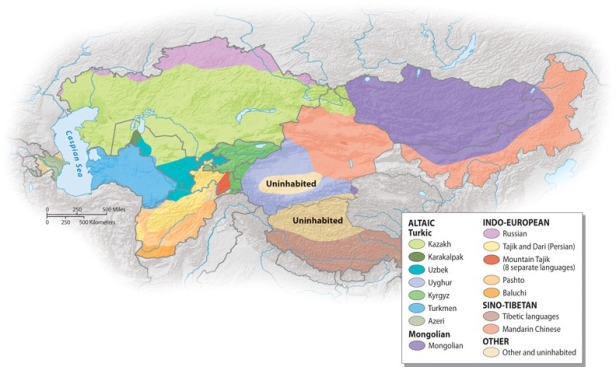 <strong>Using the graphic below, what linguistic family dominates the region? </strong> A)Indo-European B)Tibeto-Burman C)Sino-Tibetan D)Dravidian E)Altaic