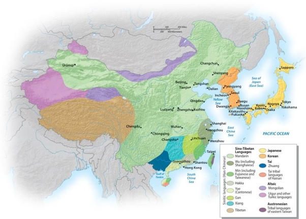 <strong>Using the graphic below, which of the following languages covers the most in area? </strong> A)Min B)Wu C)Mandarin D)Gan E)Hakka
