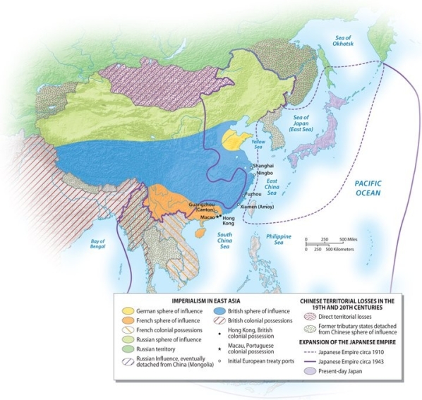 <strong>Looking at the graphic below, the British sphere of influence in the nineteenth century in China and East Asia was mainly in </strong> A)the north, along Mongolia. B)the east, in Japan. C)southern and central China. D)the far west, near the Afghan border. E)the Korean peninsula.