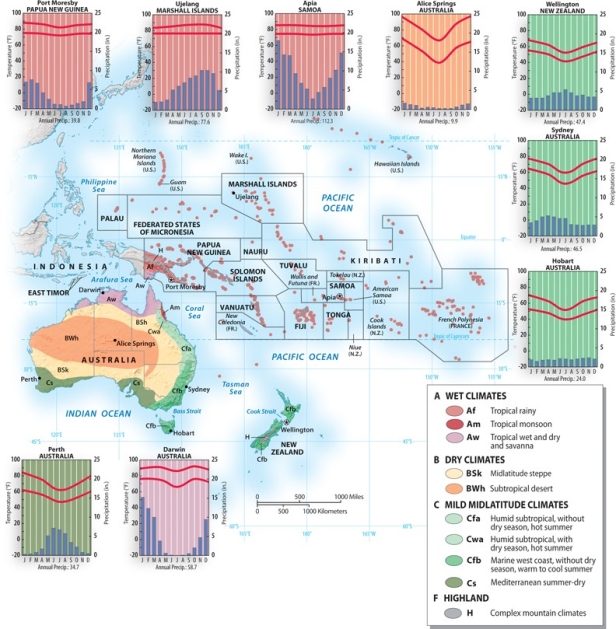 <strong>Looking at the climate map of Australia and Oceania shown below, what type of climate is interior Australia? </strong> A)Mediterranean B)humid subtropical C)complex mountain climates D)subtropical desert E)tropical monsoon