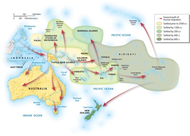<strong>Using the graphic below, by what year had human migrations settled the Federated States of Micronesia? </strong> A)settled by 1200 BCE B)settled by 400 CE C)settled by 200 BCE D)settled by 800 CE E)settled prior to 2500 BCE