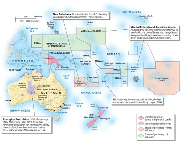 <strong>Using the graphic below, what subregion of Australia and Oceania is undergoing ethnic and political conflict? </strong> A)Australia B)New Zealand C)Federated States of Micronesia D)New Caledonia E)Marshall Islands
