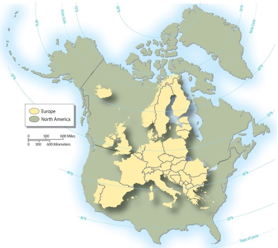 <strong>How does Europe compare in size (area)to the United States?  </strong> A) It is roughly two-thirds of the United States. B) It is about the size of the state of Texas. C) It is the same size as the United States. D) It is equal in size to the continental United States plus Alaska and Hawaii. E) It is the largest continent on the planet, far larger than the United States. <div style=padding-top: 35px> 