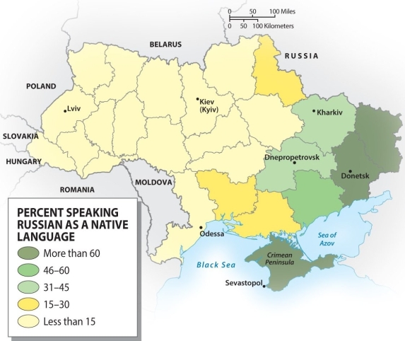 <strong>Using the map below,in the Ukraine,Russian speakers are largely found in what part of the country? </strong> A) northern B) southern C) western D) eastern E) there are no Russian speakers in the Ukraine