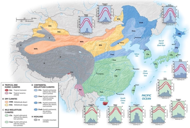 <strong>Not including the small areas in East Asia where the climate is tropical,where would you find the mildest climate of East Asia? </strong> A) the Japanese islands that lie closest to Russia B) the northern portion of the Korean peninsula C) southeastern China, the southern portion of the Korean peninsula, and the southern portion of Japan D) southwestern China E) central China