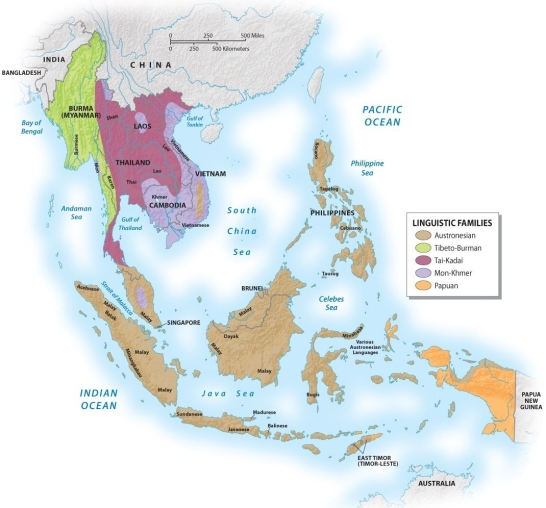 <strong>Which of the following phrases best describes the linguistic geography of Southeast Asia? </strong> A) There are five distinct languages, and each one can be placed in a different language group. B) There are several hundred distinct languages that can be placed into five major linguistic groups. C) There are five languages, and they are all in the same language group. D) Each island has its own unique language family. E) Because there are so many languages in this region, ASEAN has required that everyone in the region learn English.