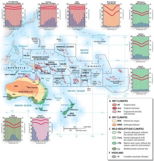 <strong>Which part of the Australia and Oceania region receives the LEAST amount of precipitation? </strong> A) the northeast coast of New Zealand B) the mid-slopes of the 13,000-foot-plus volcanoes of the island of Hawaii C) anywhere in Samoa D) the largest of the Marshall Islands E) the interior of Australia