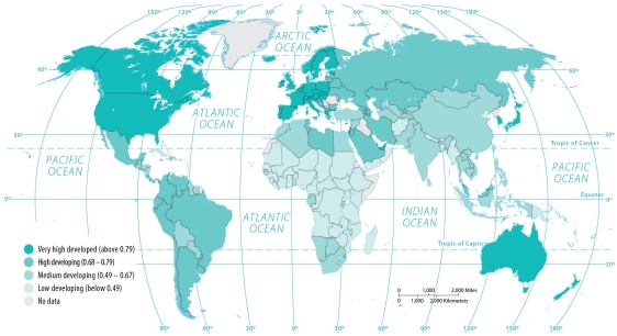 <strong>Figure 9.1.1, HDI Which of the following regions has life expectancy that is comparable to developed regions?</strong> A) Latin America B) Sub-Saharan Africa C) South Asia D) Southeast Asia E) Southwest Asia