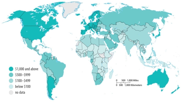 <strong>Figure 9.4.5, Health Care Expenditures per Capita Looking at Figure 9.4.5, which of the following regions spends more money on health care per capita?</strong> A) Sub-Saharan Africa B) South Asia C) Southeast Asia D) Southwest Asia E) Latin America