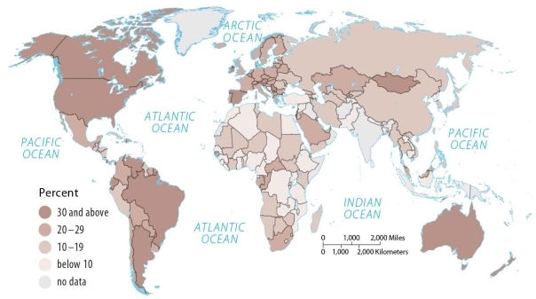 <strong>Figure 10.2.8, Protein from Meat Looking at Figure 10.2.8, which of the following countries gets the least percentage of its protein from meats?</strong> A) Canada B) Mexico C) Argentina D) Brazil E) Mongolia