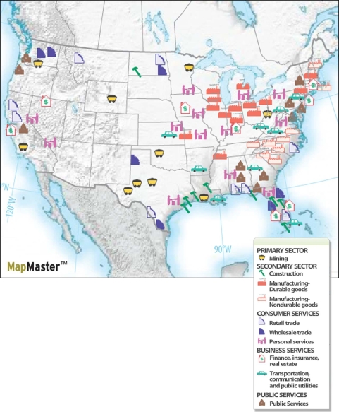 <strong>Figure 12.7.1, Economic Base of U.S. Cities According to Figure 12.7.1, in which of the following regions are you most likely to find manufacturing of nondurable goods in the U.S.?</strong> A) Southern California B) The Midwest C) The Northwest D) The Southeast E) The Great Lakes Region