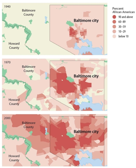 <strong>Figure 7.3.5 Which of the below is the best explanation for the pattern of diffusion shown in the maps?</strong> A) Early migrants were reluctant to move into the countryside since the city was all they knew. B) African Americans first migrated to neighborhoods where other African Americans lived. C) Baltimore passed a law in 1940 allowing African Americans to migrate. D) Growth resulted from natural increase in the African American population. E) Baltimore was the destination of large numbers of refugees.