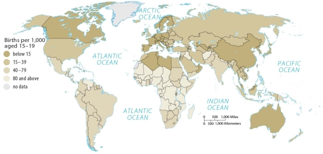 <strong>Figure 9.5.5 Looking at Figure 9.5.5,which of the following countries has the lowest adolescent fertility rates?</strong> A) Canada B) United States C) Russia D) South Africa E) Brazil