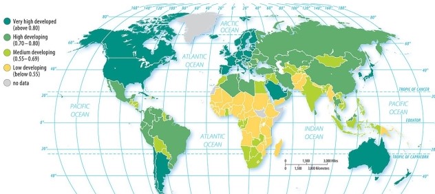 <strong>Figure 9.1.2 Looking at Figure 9.1.2,which of the following countries has the highest HDI?</strong> A) India B) China C) Russia D) Spain E) Brazil