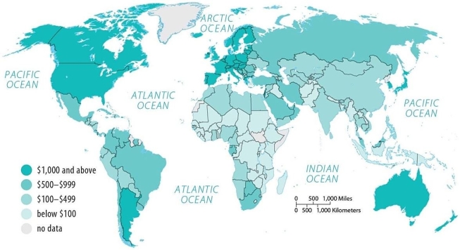 <strong>Figure 9.4.5 On average,developed countries spend about $________ annually per capita on health care.</strong> A) 25,000 B) 18,000 C) 14,000 D) 8,000 E) 4,000