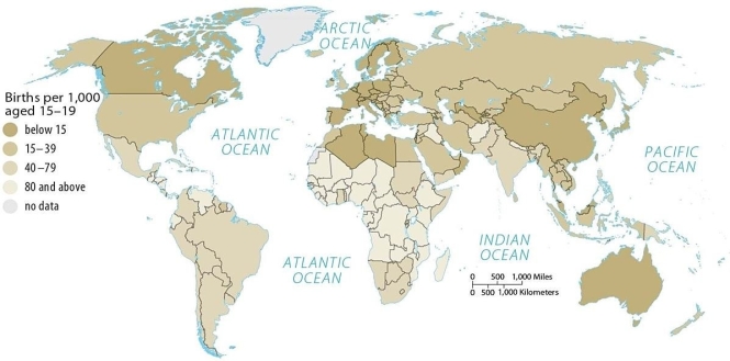 <strong>Figure 9.5.5 Looking at Figure 9.5.5,which of the following countries has the lowest adolescent fertility rates?</strong> A) Canada B) United States C) Russia D) South Africa E) Brazil
