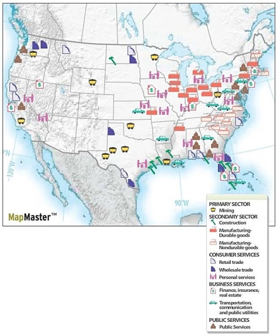 <strong>Figure 12.7.1: Economic Base of U.S. Cities ________ are enterprises whose customers live in the same community,essentially,consumer services.</strong> A) Basic industries B) Nonbasic industries C) Social services D) Human services E) Temporary services