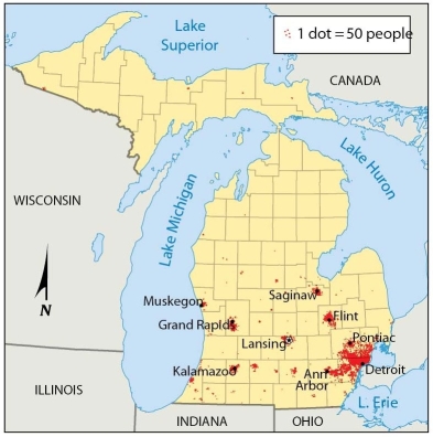 <strong> This map shows that African Americans in Michigan are concentrated mainly in</strong> A) the northeast. B) the north, northeast, and west. C) the southwest. D) the southeast. E) the northwest.