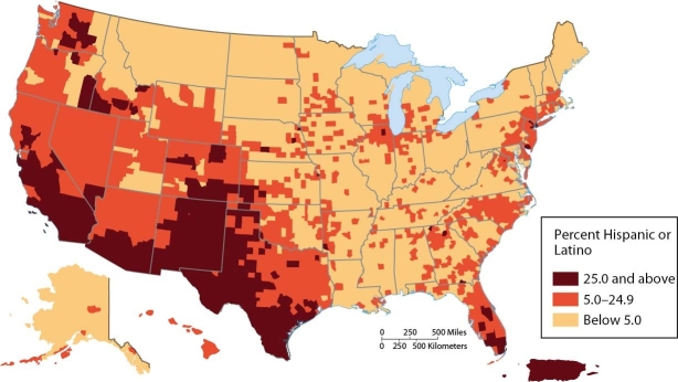 <strong> By interpreting this map, we can surmise that in the Hispanic population</strong> A) hardly any live in the northwestern United States. B) in Florida, there is more of a concentration in the northern part of the state. C) in California, there is more of a concentration in the northern part of the state. D) in Idaho, there is more of a concentration in the southern part of the state. E) in Idaho, there are roughly equal concentrations in the northern and southern parts of the state.